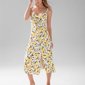 Yellow and White Ruched Sweetheart Midi Sundress